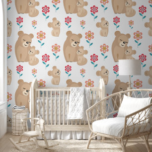 Papier Peint Mère lionne avec des fleurs de bébé Pépinière moti