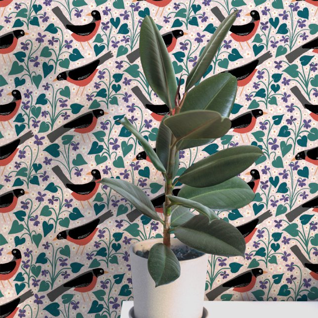 Papier Peint Merle américain Anémone violette Oiseau Fleur (American robin redbreast wood violet anemone wildflower arts and crafts style wallpaper)