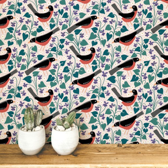 Papier Peint Merle américain Anémone violette Oiseau Fleur (American robin redbreast wood violet anemone wildflower arts and crafts style wallpaper)