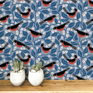 Papier Peint Merle américain Fleur de Pommier Oiseau Fleur