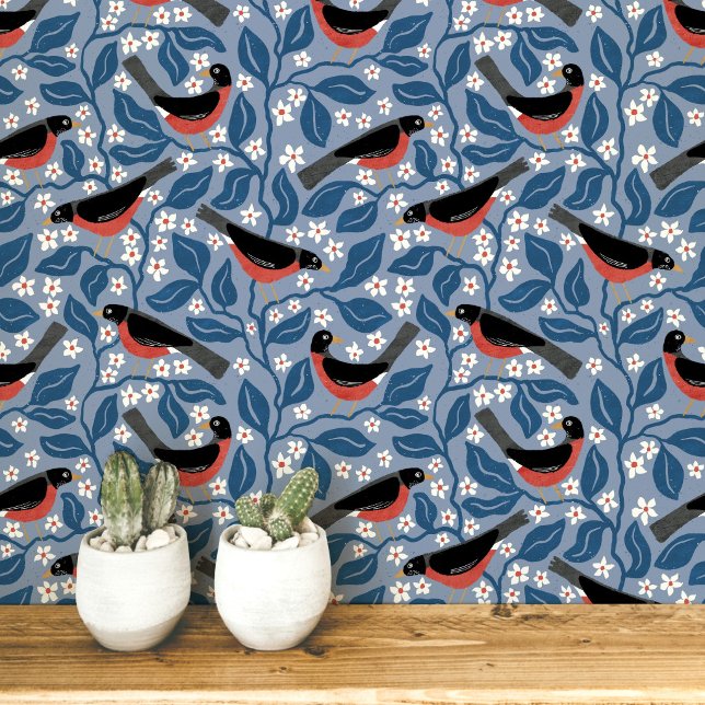 Papier Peint Merle américain Fleur de Pommier Oiseau Fleur (Créateur téléchargé)