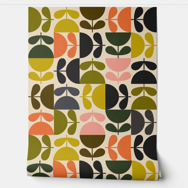 Papier Peint Mid‑century modern- Retro Scandinavian Flowers  (Déroulement)