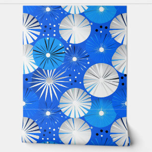 Papier Peint Mid Century Moderne Starburbs Bleu et blanc