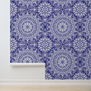 Papier Peint Midnight Blue Bohemian Mandala White Lace