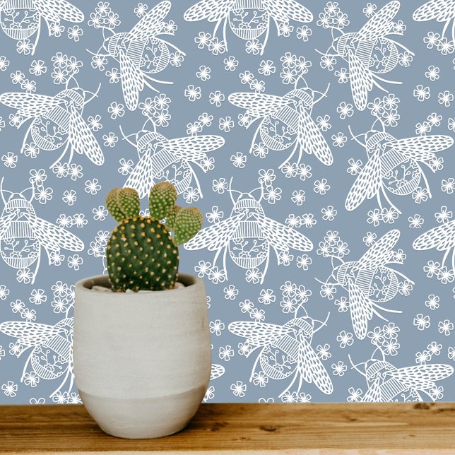 Papier Peint Miel Bee Bleu et Blanc (Blue and white honey bee pattern art wallpaper)