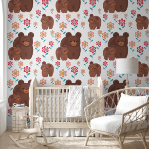 Papier Peint Mignonne brun ours mère et bébé, fleurs motif