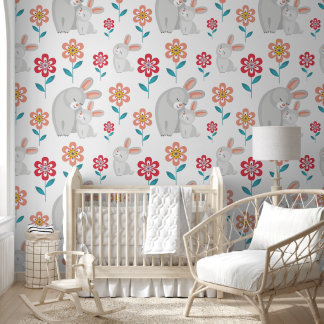 Papier Peint Mignonne lapin mère et lapin, fleurs motif