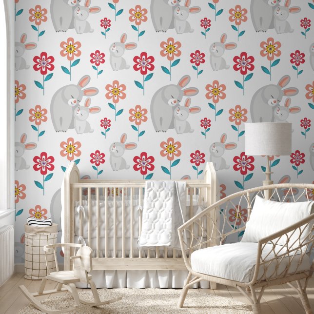 Papier Peint Mignonne lapin mère et lapin, fleurs motif (Enfants)