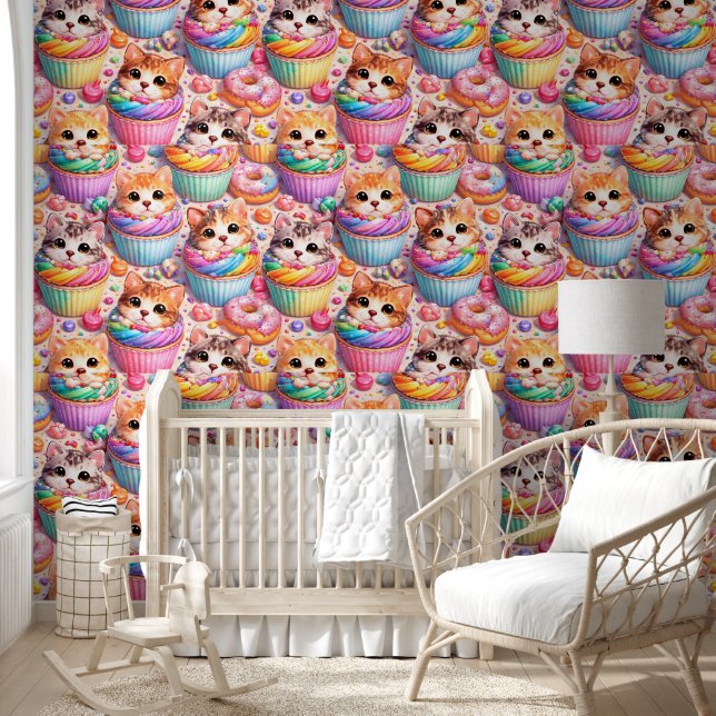 Papier Peint Mignons chatons et motif de cupcake arc-en-ciel do (Enfants)