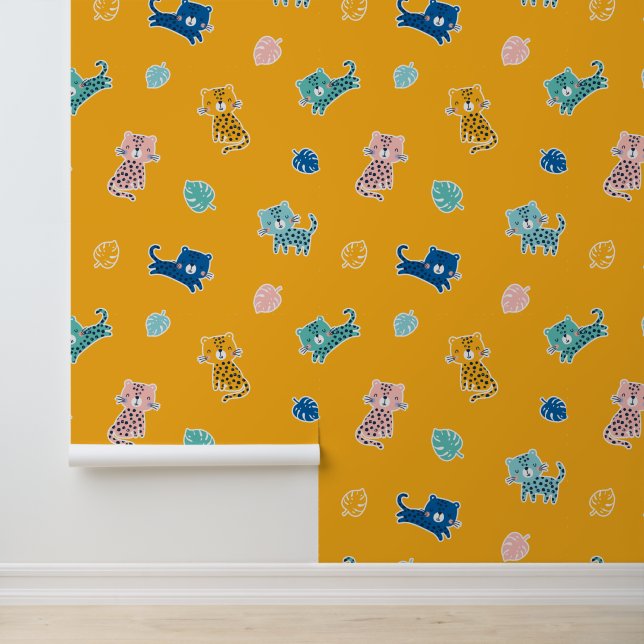 Papier Peint Mignons léopards avec feuilles de jungle sur mouta (Application)