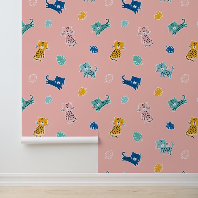 Papier Peint Mignons léopards avec feuilles de jungle sur rose (Application)
