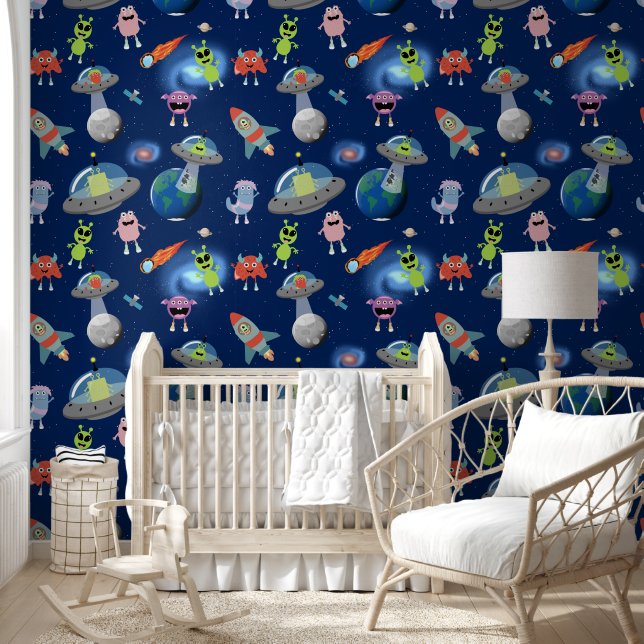 Papier Peint Mignons monstres aliens modernes motif espace enfa (Enfants)