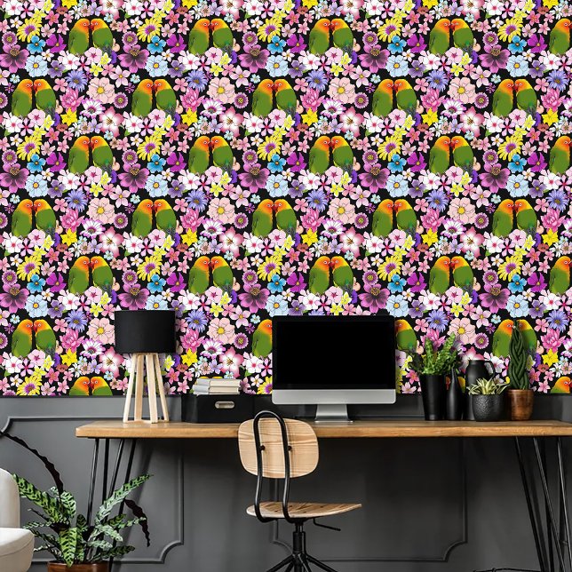 Papier Peint Mignons Oiseaux Amoureux Fleurs Tropicales Oiseau  (Créateur téléchargé)