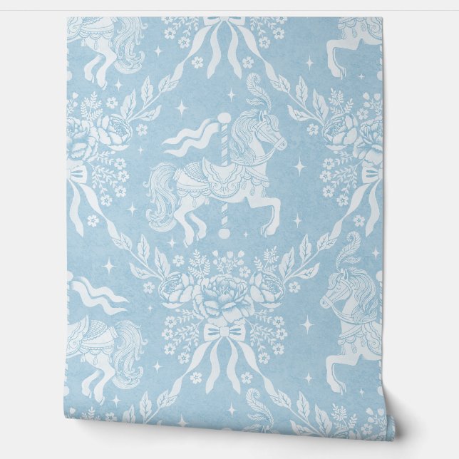 Papier Peint Mineral Blue Rococo Carousel Horses & Florals  (Déroulement)