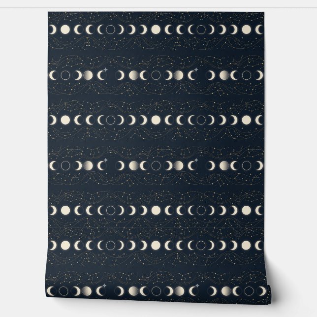 Papier Peint Minimalist Lunar Phases Pattern with Stars and Nig (Déroulement)
