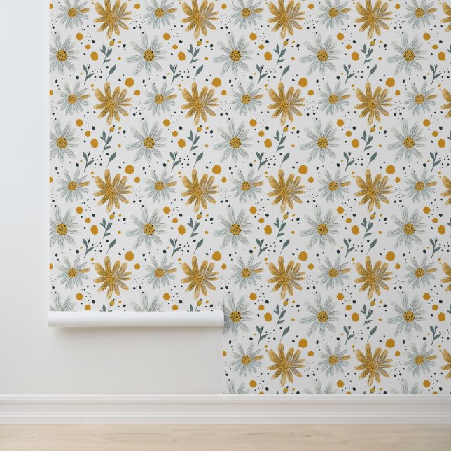 Papier Peint Modèle floral blanc et jaune (Application)