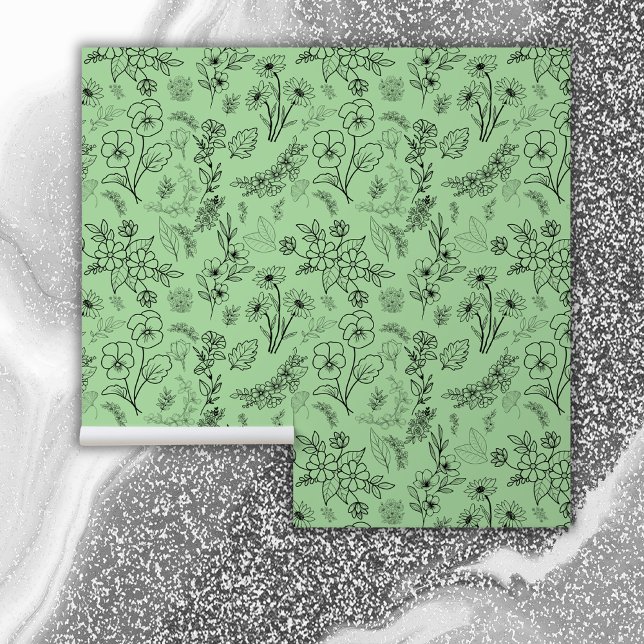 Papier Peint Modèle floral noir sur vert | (Créateur téléchargé)
