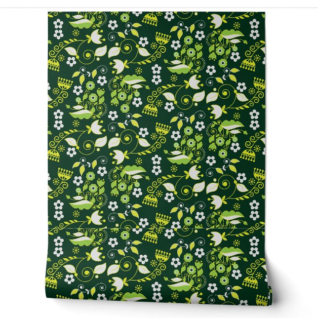 Papier Peint Modèle floral scandinave moderne vert foncé (Déroulement)