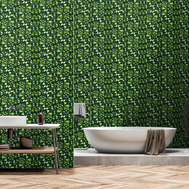 Papier Peint Modèle floral scandinave moderne vert foncé (Salle de bain)