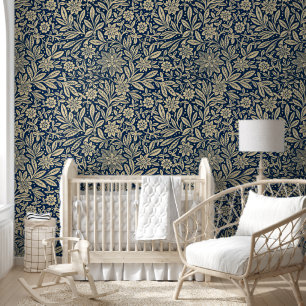 Papier Peint Modèle Floral Vintage bleu et or