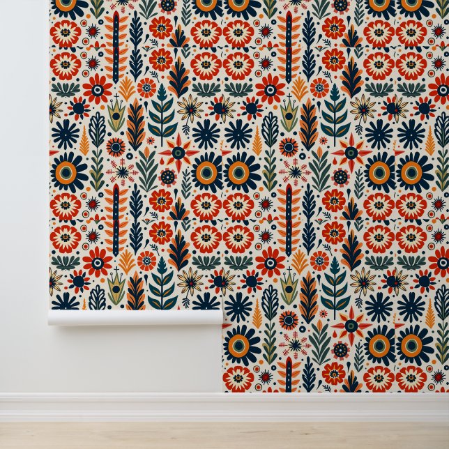 Papier Peint Modèle orange rétro et bleu floral (Application)