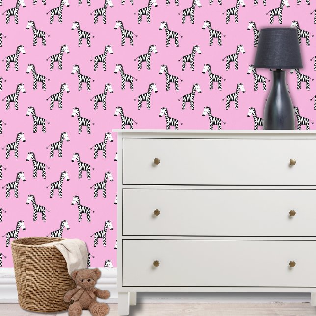 Papier Peint Modèle Zèbre rose (Zebra pink wallpaper for girls bedroom, nursery or playroom.)
