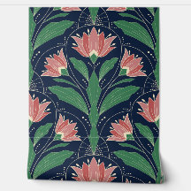Modern Art Deco Boho Red Floral on Navy Blue