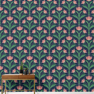 Papier Peint Modern Art Deco Boho Red Floral on Navy Blue