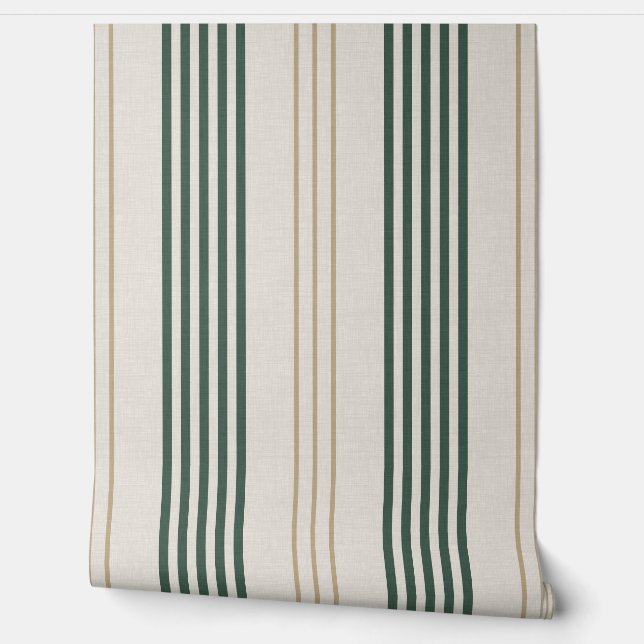 Papier Peint Modern Green Ticking Stripe Linen Texture (Déroulement)