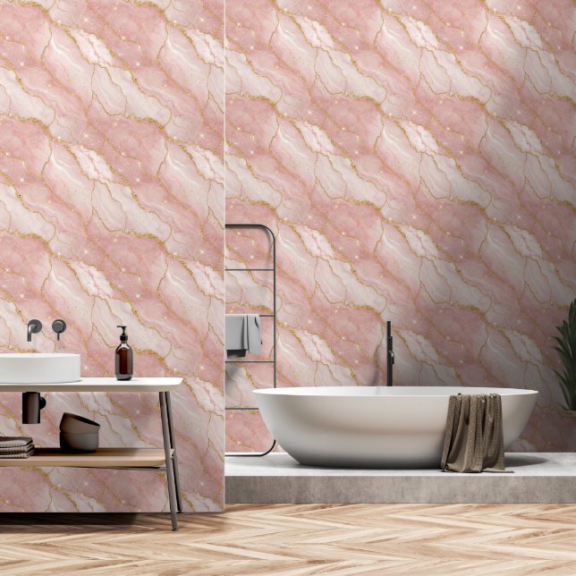 Papier Peint Modern Rose Quartz Marble Gold (Salle de bain)