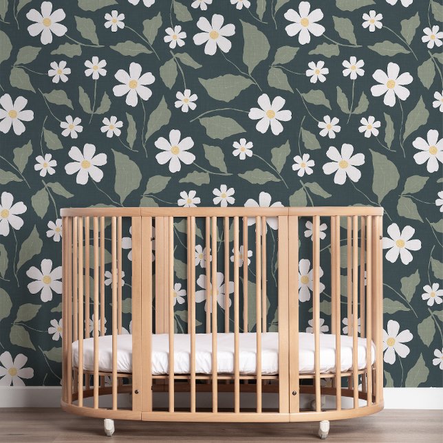 Papier Peint Moderne Ferme Fleur de Marguerite Bleu foncé Vert  (Modern Farmhouse Sweet Daisy very dark blue green teal wallpaper by Erica MacDonald.)