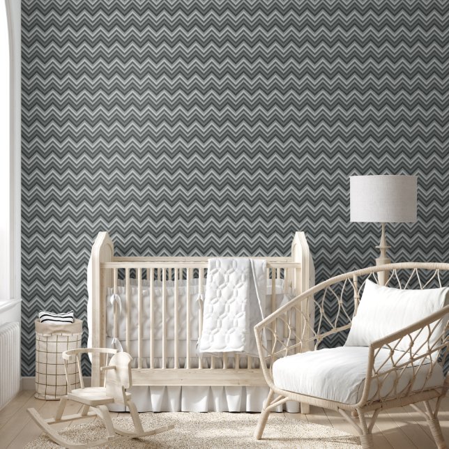 Papier Peint Moderne Gris Zig Zag Rayé (Enfants)