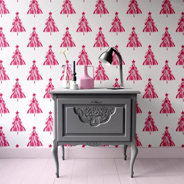 Papier Peint Moderne motif d'arbre de Noël rose (Modern pink christmas tree wallpaper, ideal for Holiday decor)