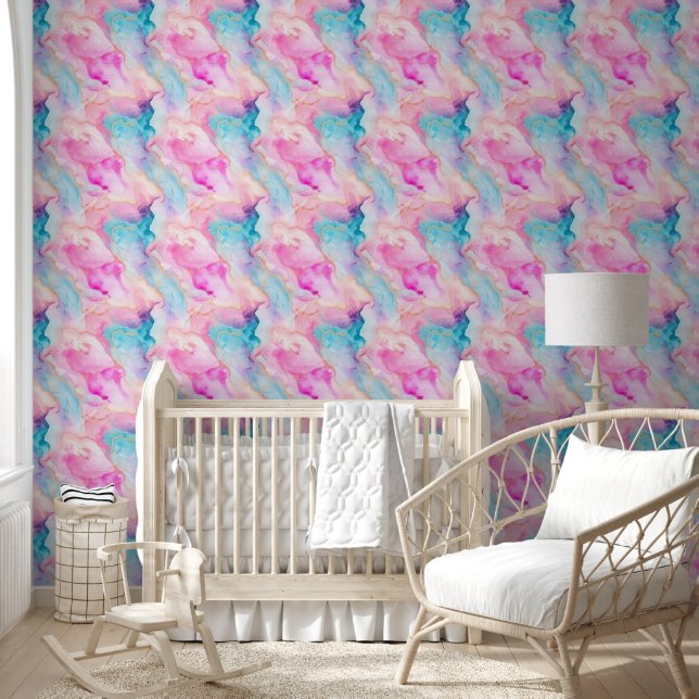 Papier Peint Moderne Pink Blue Pastel Encre d'alcool Abstraite (Enfants)
