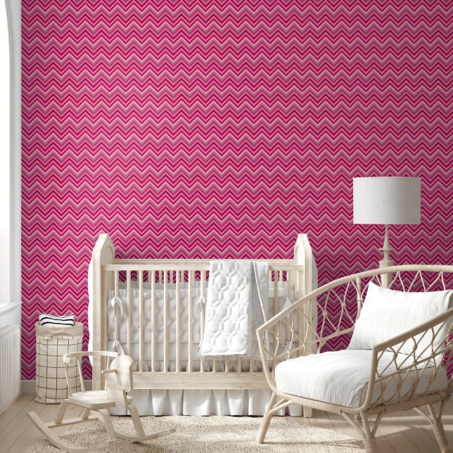 Papier Peint Moderne Rayé Zig Zag Rose (Enfants)