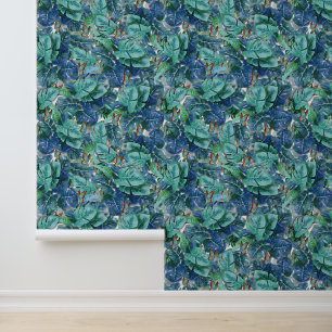 Papier Peint Monstera bleu turquoise Feuilles et papillons