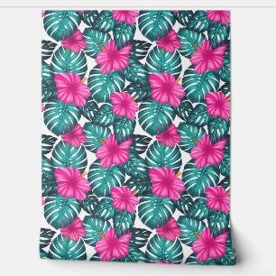 Papier Peint Monstera feuilles et Hibiscus Turquoise et rose