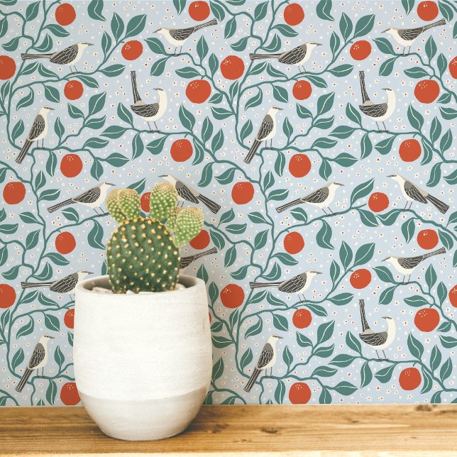Papier Peint Moqueur Fleur d'Oranger Oiseau Fleur Bleu Clair (Mockingbird Orange Blossom arts and crafts inspired bird and botanical wallpaper for nature lovers)