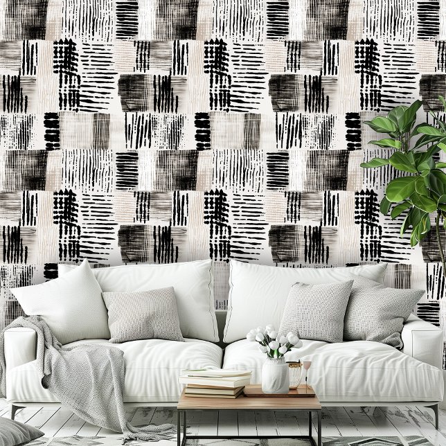 Papier Peint Motif à éclos de Croix blanche noire moderne (Modern Black White Cross Hatched Pattern Wallpaper)