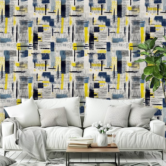 Papier Peint Motif à éclos de Croix Bleue Noire moderne (Modern Black Blue Yellow Cross Hatched Pattern Wallpaper)