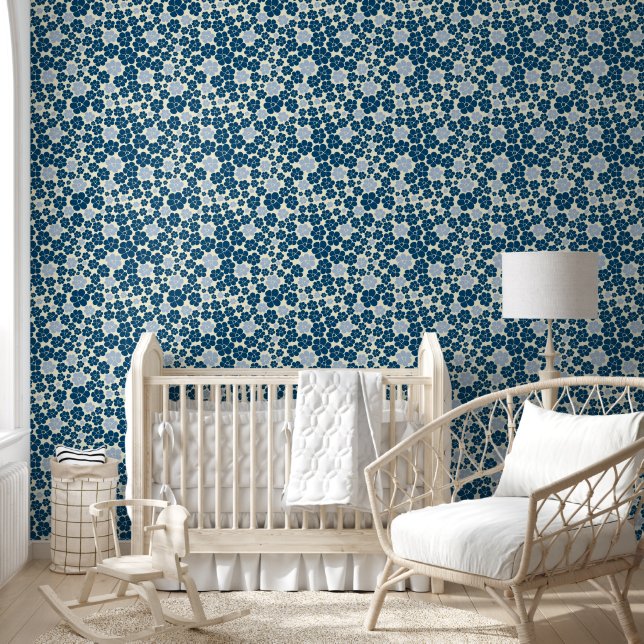 Papier Peint Motif à fleurs - Bleu foncé, Bleu clair et Crème (Enfants)