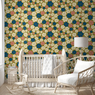Papier Peint Motif à fleurs - Bleu, Vert olive, Rose et Crème