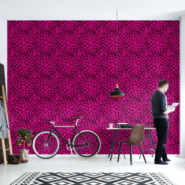 Papier Peint Motif à fleurs - Magenta et noir (Salon)