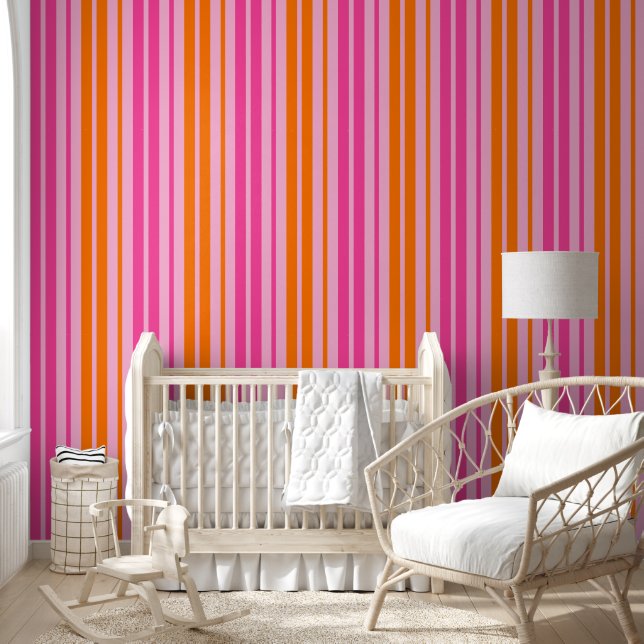 Papier Peint Motif à rayures verticales rose et orange (Enfants)