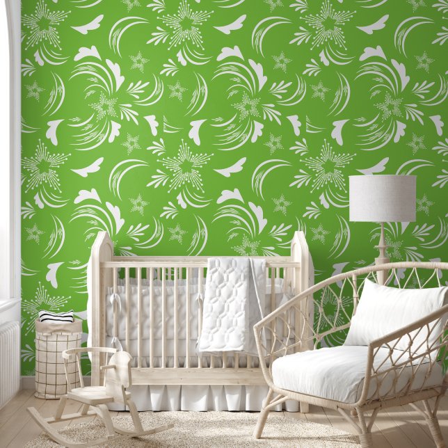 Papier Peint Motif abstrait fleuri vert et blanc (Enfants)