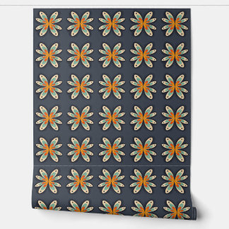 Papier Peint Motif abstrait floral rétro orange bleu marine 