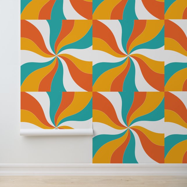 Papier Peint Motif Abstrait orange, Turquoise et blanc (Application)