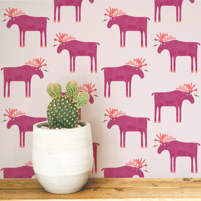 Papier Peint Motif amusant d'élan orignal rose (Fun pink moose or elk animal pattern peel and stick art wallpaper)