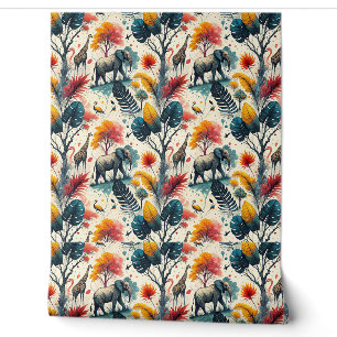 Papier Peint Motif animalier coloré de safari africain en jungl
