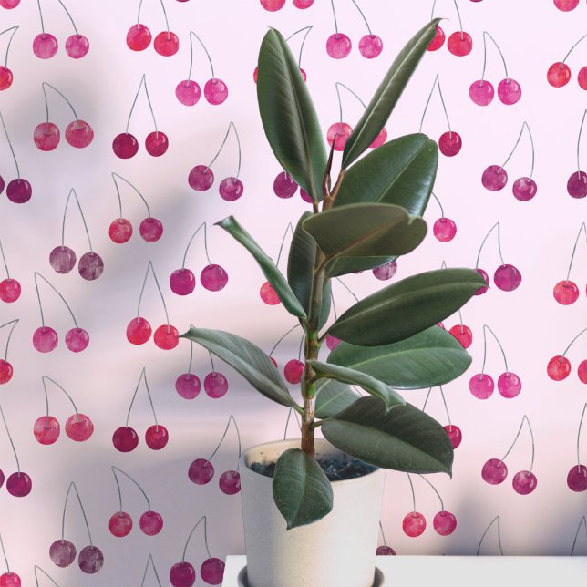 Papier Peint Motif aquarelle cerise rose (Sweet watercolor cherry pattern art wallpaper in pink )